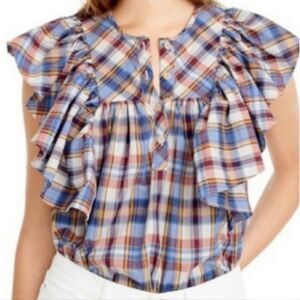 JCREW fall vintage plaid sleeveless ruffle brown blue preppy muscle top SMALL 2